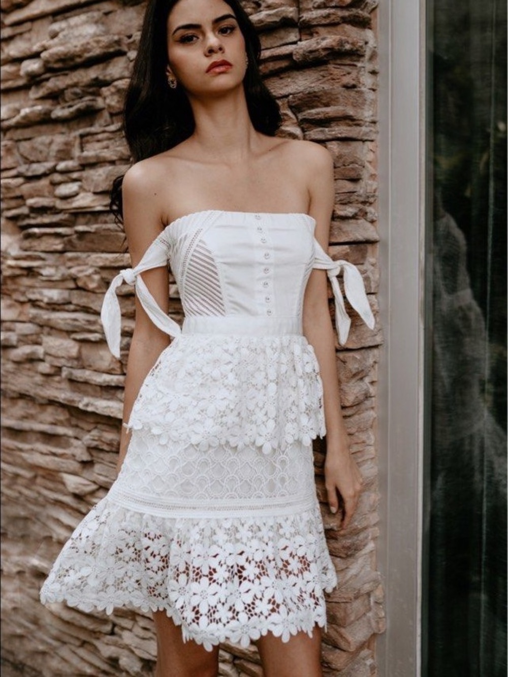 Self-Portrait White Guipure Lace Off-the-Shoulder Corset Dress - US 2 (XS)